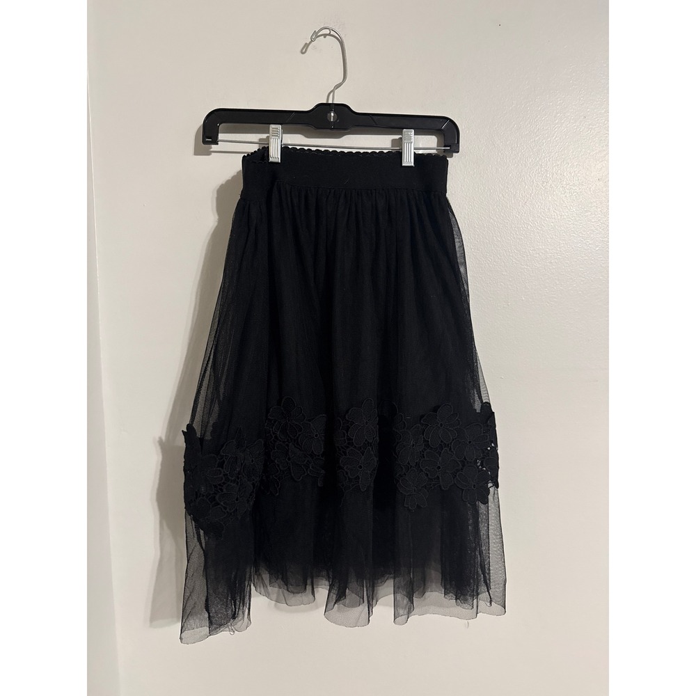 Anna Be Black Tulle Midi Skirt Floral Crochet Lace Mesh Elastic Waist Small
